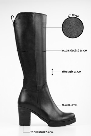 Kadın Daen Siyah Hakiki Deri Topuklu Çizme