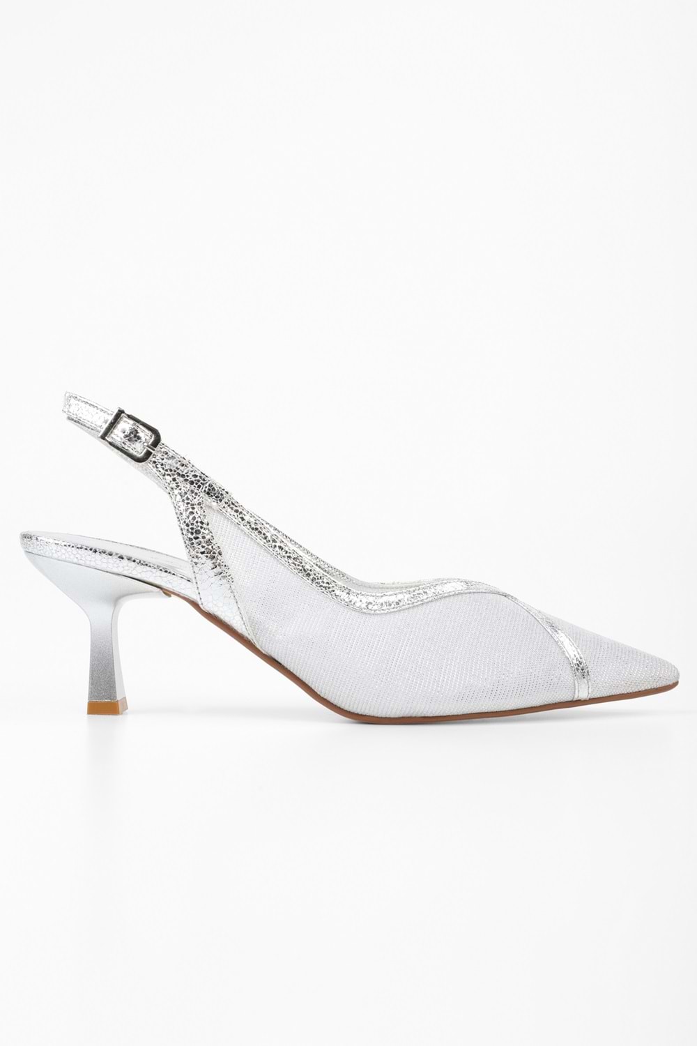 Kadın Lunar Gümüş File Detaylı Kısa Topuklu Stiletto