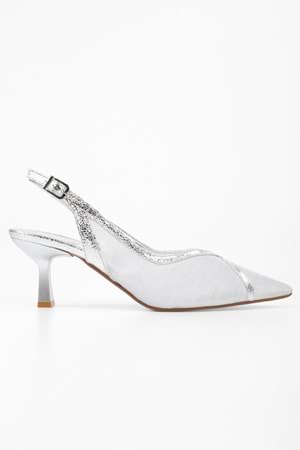 Kadın Lunar Gümüş File Detaylı Kısa Topuklu Stiletto