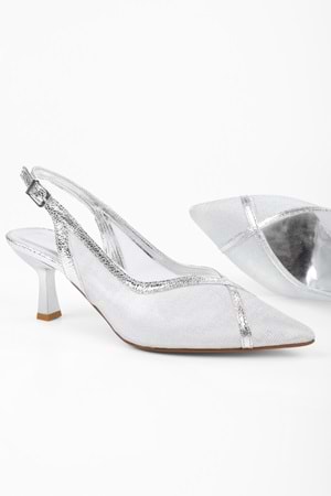 Kadın Lunar Gümüş File Detaylı Kısa Topuklu Stiletto