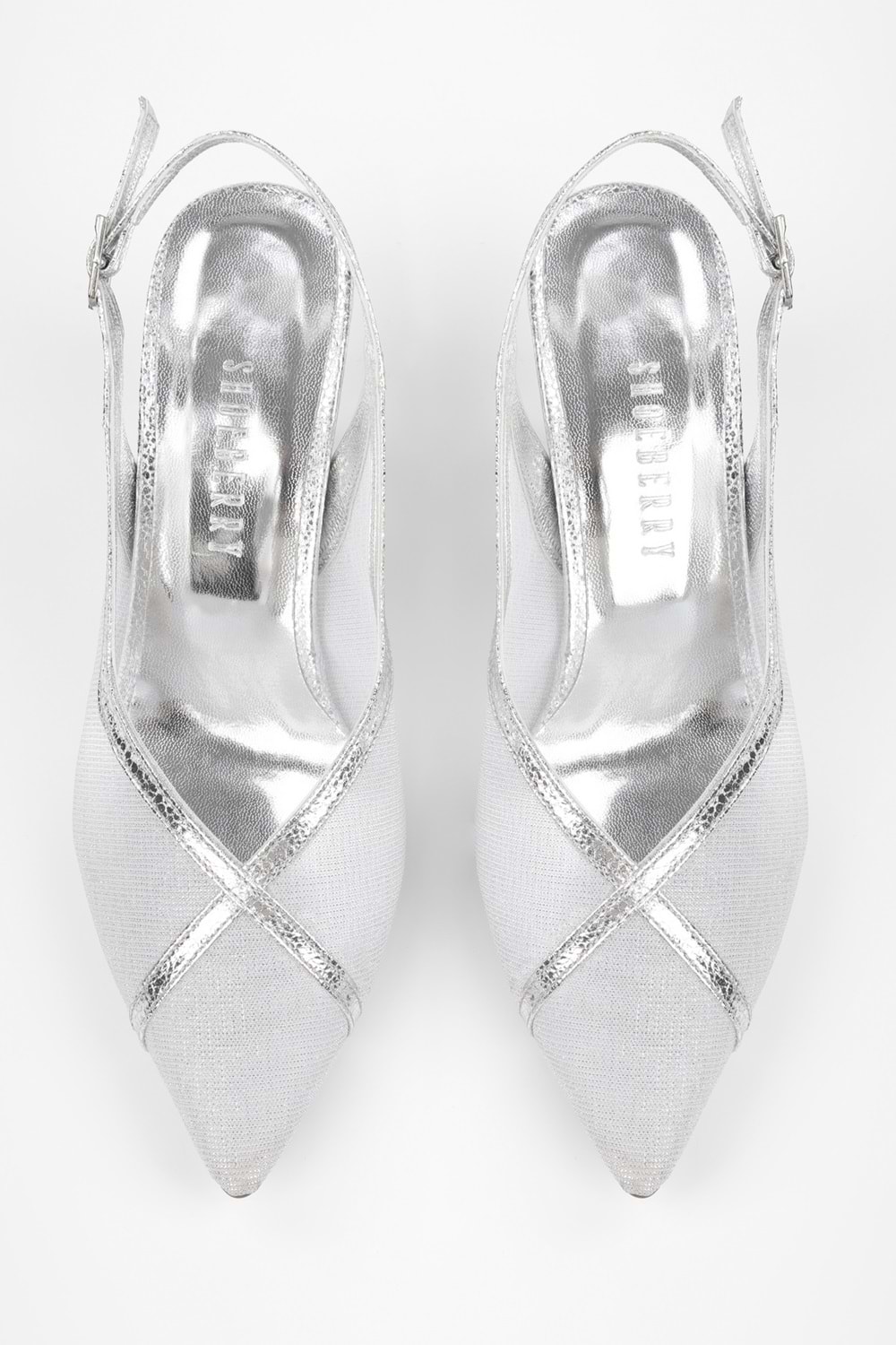 Kadın Lunar Gümüş File Detaylı Kısa Topuklu Stiletto