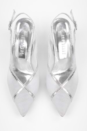 Kadın Lunar Gümüş File Detaylı Kısa Topuklu Stiletto