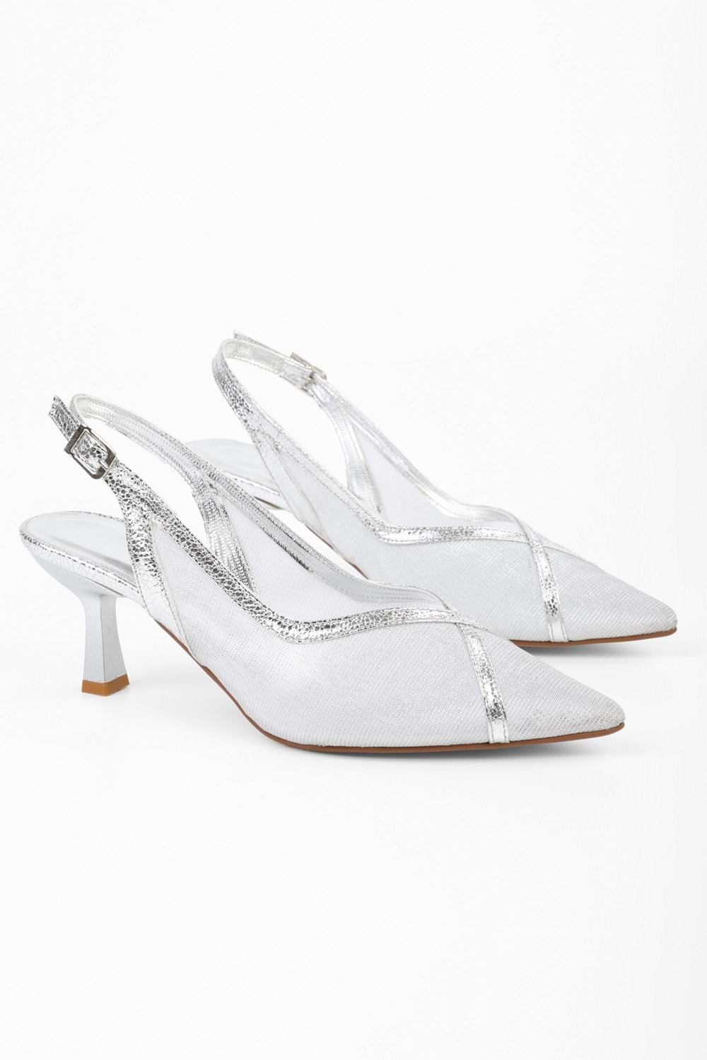 Kadın Lunar Gümüş File Detaylı Kısa Topuklu Stiletto