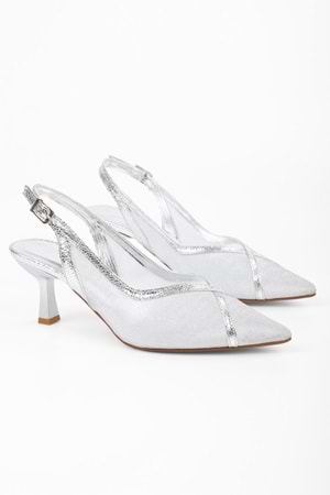 Kadın Lunar Gümüş File Detaylı Kısa Topuklu Stiletto