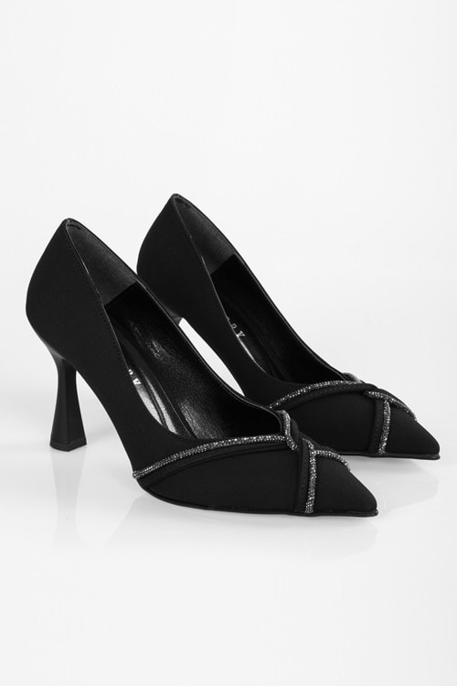 Kadın Avenue Siyah Mat Saten Taşlı Topuklu Ayakkabı Stiletto
