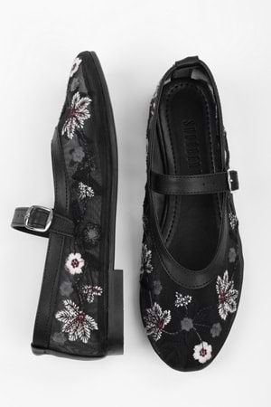 Kadın Floral Siyah Fileli Babet