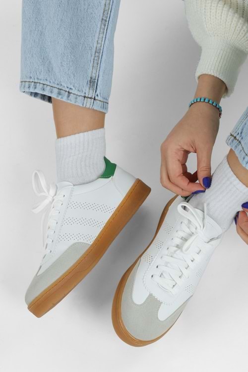 Kadın Campues Beyaz-Yeşil Düz Spor Ayakkabı