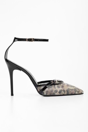 Kadın Vela Siyah Leopar Desenli File Detaylı Stiletto