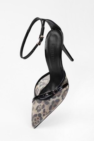 Kadın Vela Siyah Leopar Desenli File Detaylı Stiletto