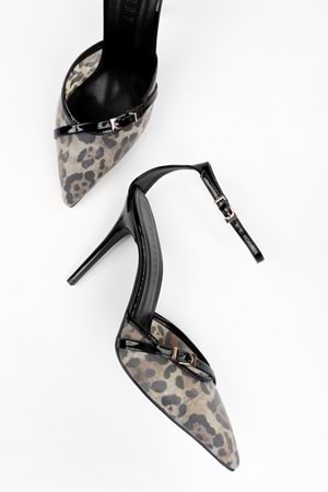Kadın Vela Siyah Leopar Desenli File Detaylı Stiletto