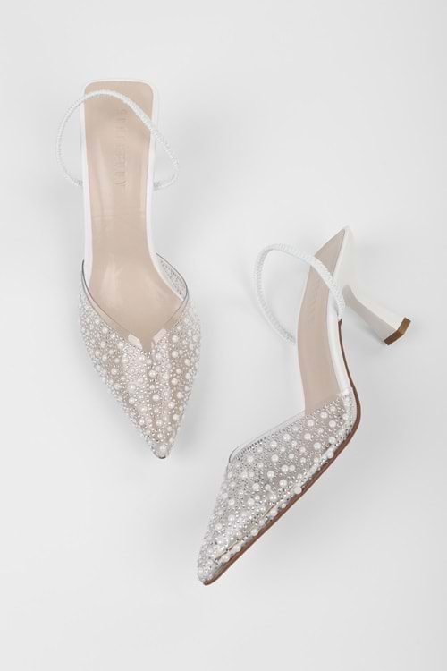 Kadın Pearly Beyaz İnci Detaylı Topuklu Şeffaf Stiletto