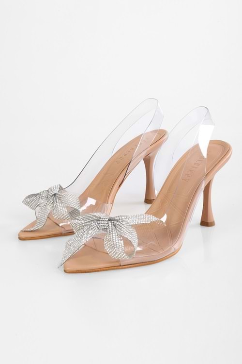 Kadın Starla Ten Gümüş Taşlı Fiyonklu Şeffaf Topuklu Ayakkabı