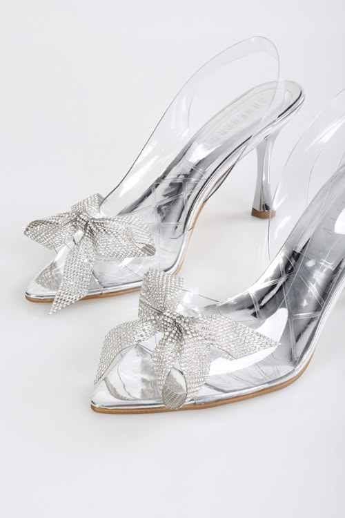 Kadın Starla Gümüş Taşlı Fiyonklu Şeffaf Topuklu Ayakkabı