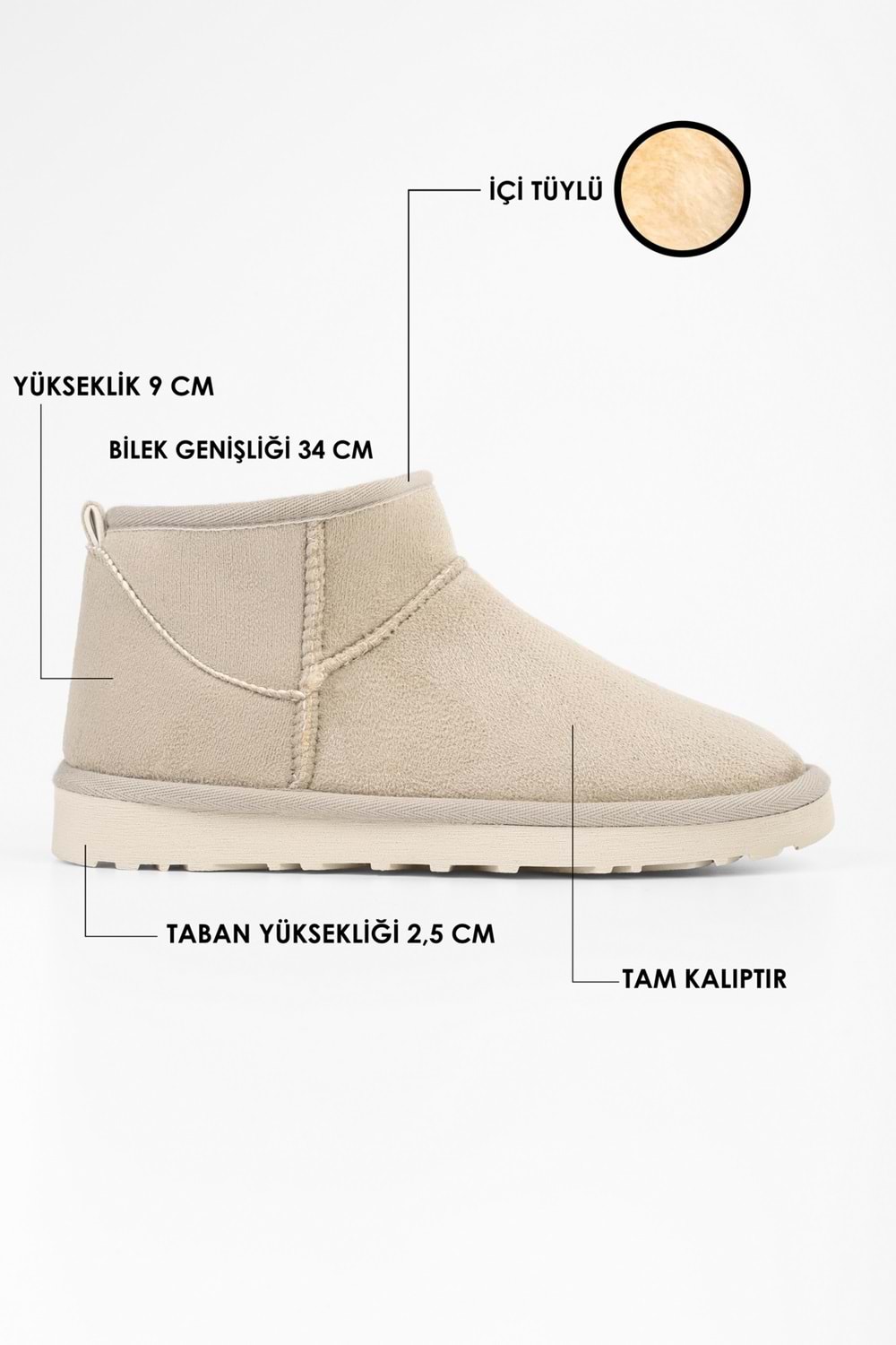 Kadın Upps Bej İçi Tüylü Kısa Süet Düz Bot