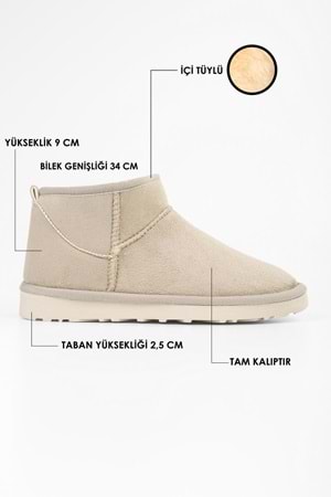 Kadın Upps Bej İçi Tüylü Kısa Süet Düz Bot