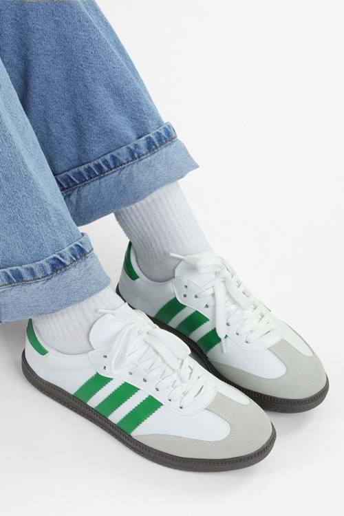 Kadın Sambai Beyaz-Yeşil Çizgili Düz Spor Ayakkabı