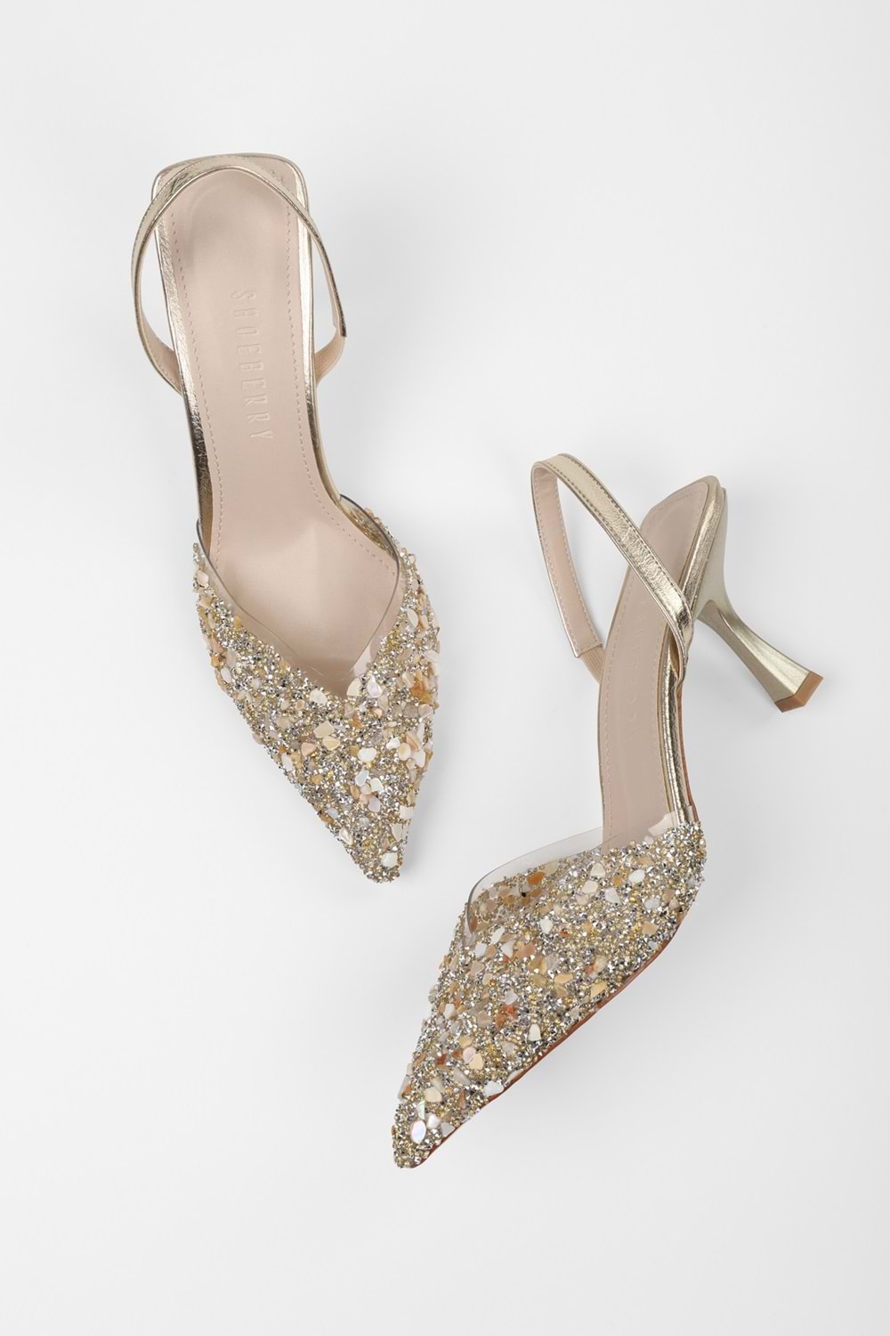 Kadın Opal Altın Taşlı Şeffaf Stiletto