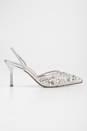 Kadın Melina Gümüş Tül Pul Boncuk İşlemeli Stiletto
