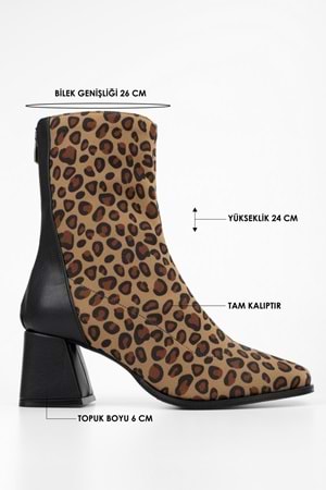 Kadın Lexi Leopar Kumaş Streç Fermuarlı Topuklu Bot